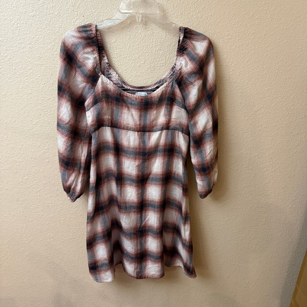 Hollister long puff-sleeve plaid babydoll mini dress M Cottagecore Festival